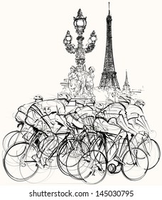 Vector illustration of a group of cyclists in competition in Paris