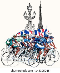 Vector illustration of a group of cyclists in competition in Paris