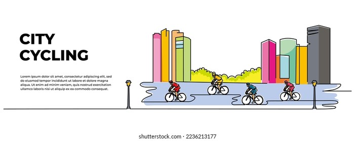 Vector illustration of a group of cyclists riding their bikes in the suburbs. Modern flat in continuous line style.