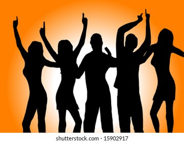 A vector illustration of a group of dancers in silhouette on an orange background with a center highlight