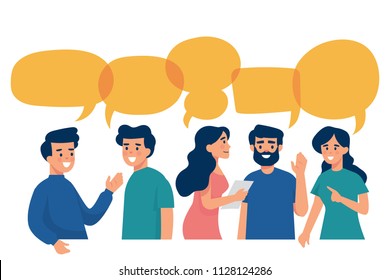 vector illustration group discussion, friends talk to each other with speech bubbles