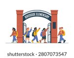 Vector illustration of a group of diverse elementary school children with backpacks walking through the entrance gate of Riverside Elementary school.