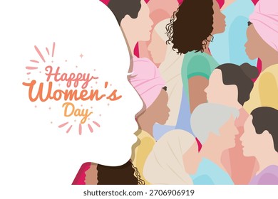 Ilustración vectorial de un grupo de diversas mujeres multirraciales en relación con el Día Internacional de la Mujer, el 8 de marzo