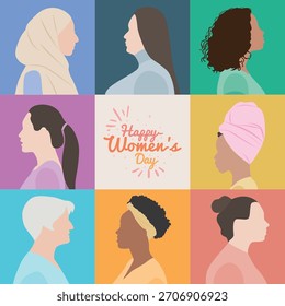 Ilustração vetorial de um grupo de diversas mulheres multirraciais, em conjunto com o Dia Internacional da Mulher, em 8 de março