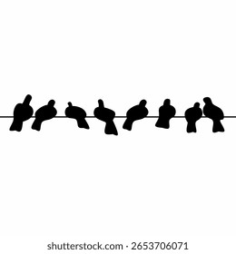 Ilustración vectorial de un grupo de palomas en una línea eléctrica sobre un fondo blanco. Silueta