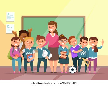 Vector illustration group elementary school boy and girl and teacher in classroom in cartoon style. The design concept postcard for teachers ' day