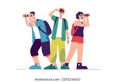 Vector illustration of a group of enthusiastic friends tourists travelers looking through binoculars.