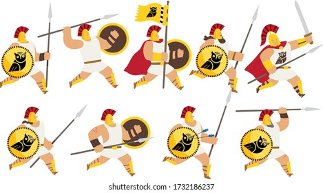 Vector illustration of a group of fantasy ancient greek warrior men with white robes, running with spears, swords and shields with a black owl emblem. Isolated on white background. Editable vector