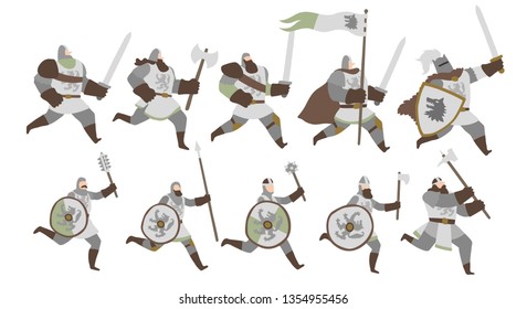 Vector illustration of a group of fantasy medieval warrior men with gray robes, running with spears, swords and shields with a grey wolf emblem. Isolated on white background. Editable vector