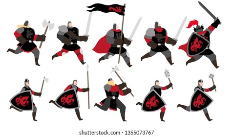 Vector illustration of a group of fantasy medieval soldier and warrior men with black robes, running with spears, swords and shields with a red dragon emblem. Isolated on white background. Editable