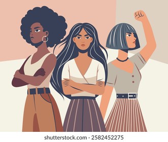 Vector illustration of a group of feminist women. Women of different skin colors and nationalities stand together in determined protest poses, symbolizing jealousy, strength and female solidarity