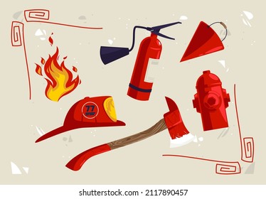 vector illustration of a group of fire-themed objects, hydrant, fireman's helmet, fireman's axe, fire symbol, fire extinguisher