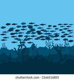 Vector illustration of a group of fish swimming under the blue sea. Seabed with coral reefs and seaweed. Isolated on a blue background. Aquatic life.