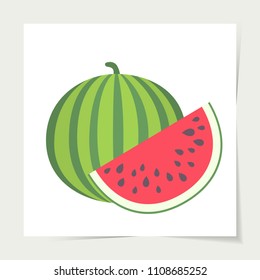 Vector illustration: group of flat watermelon and semisphere piece icons with black seeds and green striped peel  and red flash isolated on white background with creamy background.