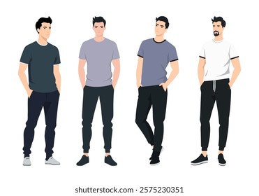 Vector illustration. Group of four men in modern casual style. Each is dressed in simple yet stylish clothing using neutral colors of black, white and shades of grey.