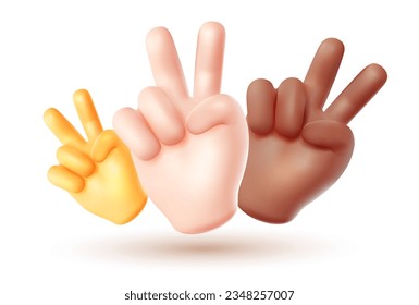 Vector illustration of group friend hand gesture sign v on white color background. 3d vector style emoji design of set of man black and white skin hand victory sign for web, banner, poster, print