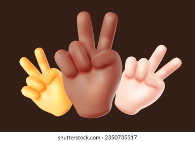 Vector illustration of group friend hand gesture sign v on dark color background. 3d vector style emoji design of set of man black and white skin hand victory sign for web, banner, poster, print