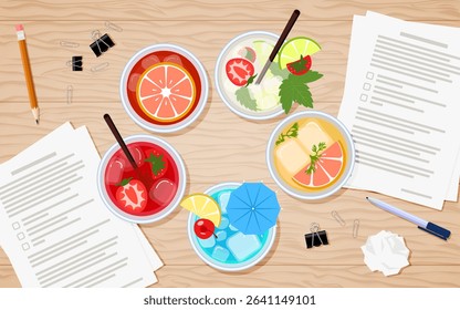 Vector illustration of group of friends drinking refreshing cocktails, top view on restaurant table. Friendship of colleagues at lunch. Work break. Summer drinks with work documents