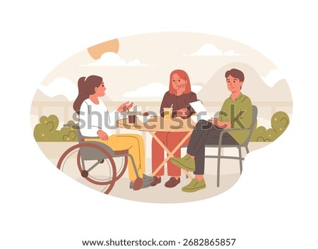 Vector illustration of a group of friends, including a woman in a wheelchair, chatting at an outdoor cafe. Vector illustration represents social inclusion, friendship, and an accessible environment