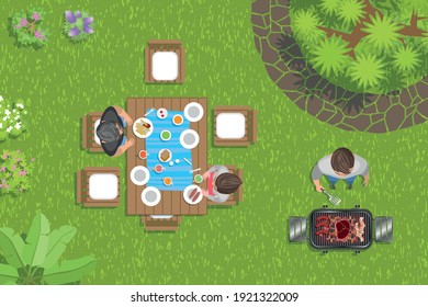 Vector illustration. Group of friends making barbecue in the backyard. (Top view) 
People relax and dine in the garden. (View from above)