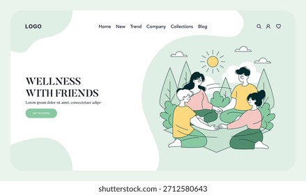 Ilustração vetorial de um grupo de amigos sentados ao ar livre em um círculo, de mãos dadas sob um céu ensolarado. Promove bem-estar, relaxamento e conexão social em um ambiente natural.