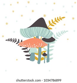 Vector illustration of a group of fungi with ferns. Toadstools and fly agaric of different sizes with ferns. A simple illustration in muted colors.