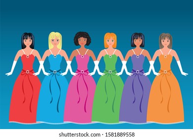 Vector illustration with Group of Girls with mixed origins. Dressed for ladys Night or just tries to get a dress for success.  