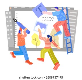 Vector illustration of group of graphic designers designing content