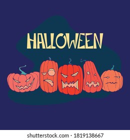 Vector illustration of a group of halloween pumpkins with different facial expressions under the text Halloween on a dark background. Sutable for spooky invitations, promotions, posters and banners.