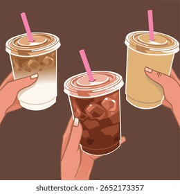 Vector illustration group of hand holding ice cup drink coffee latte americano poster design