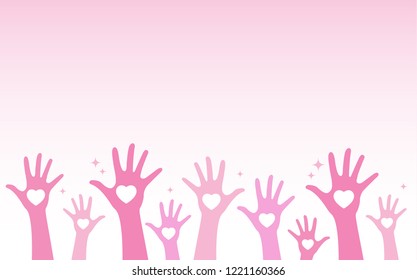 Vector illustration group of hand raise up many people with shape heart and copy space. International volunteer day and community service concept
