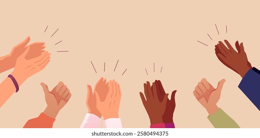 Vector illustration of group of hands of different nationalities clapping in appreciation. Applause and ovation. Successful teamwork or celebration. For posters or promotional materials. Flat style.