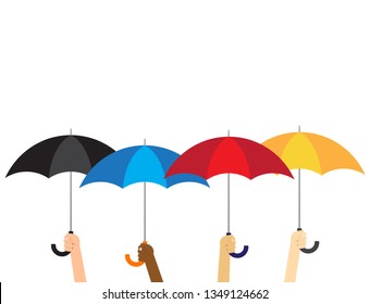 Vector illustration group of hands holding umbrellas isolated on white background