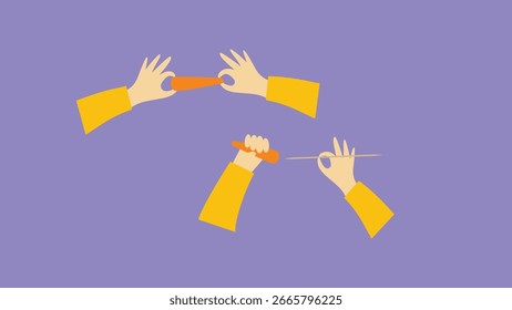 Ilustração vetorial de um grupo de mãos segurando um microfone. Estilo plano.