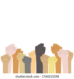 Vector illustration of a group of hands in several colours raising fists isolated on white background with space for runaround or wraparound text concept of unity and power