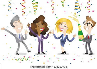 Vector illustration of a group of happy cartoon business men and women celebrating and drinking champagne with festoons and confetti raining down on them.