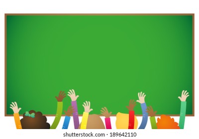 Vector Illustration Of A Group Of Happy Cartoon Kids In School Raising Hands In Front Of Blank Chalk Board.