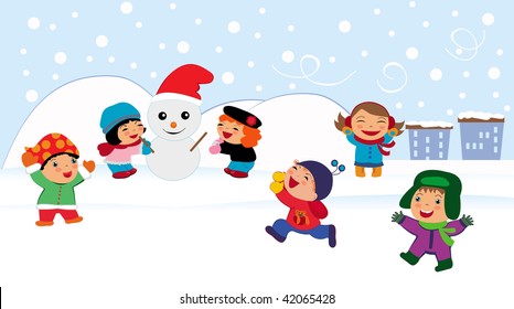 A vector illustration of a group of happy children playing with snow