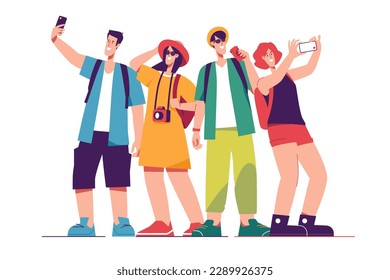 Vector illustration of a group of happy friends tourists travelers taking selfie portrait.