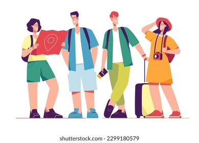 Vector illustration of a group of happy friends tourists travelers.