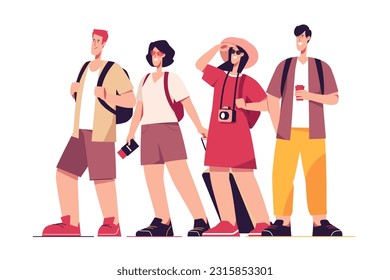 Vector illustration of a group of happy friends tourists travelers.