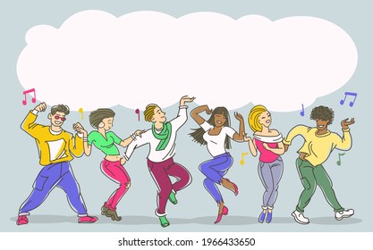 Vector illustration. Group of happy joyful dancing youth with cloud for text. Entertainment and celebration concept.