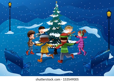 A Vector Illustration Of Group Of Happy Kids Skating Around A Christmas Tree