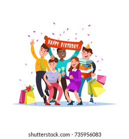 Imagen vectorial del feliz cumpleaños multirracial de grupo juntos. Personal de equipo con estilo de caricaturas de regalo y copas de champán