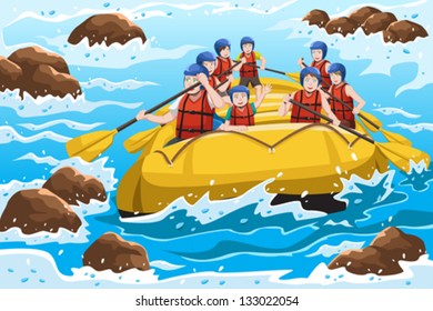 A vector illustration of a group of happy people rafting on river