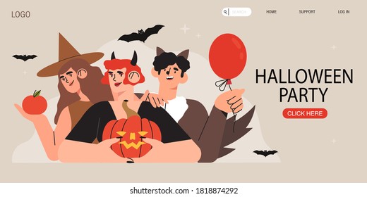 Vector illustration of group of happy people in costumes celebrate halloween and hold jack o lantern pumpkin. Concept of halloween party with cartoon characters for banner, web page, flyer, poster.