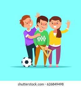 Vector illustration group happy school boy and girl in classroom in cartoon style on blue background. The concept of friendship, school life, education