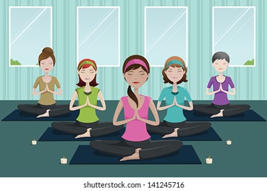 A vector illustration of group of happy women doing yoga in a studio