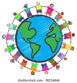 Vector - Illustration of a group of kids with different races holding hands around the globe