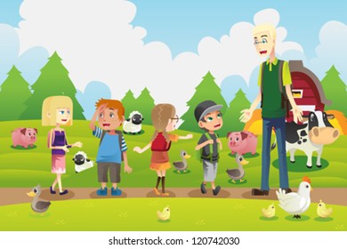 A Vector Illustration Of A Group Of Kids On A Field Trip To A Farm With Their Teacher